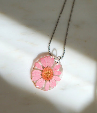Pressed floral pink daisy necklace